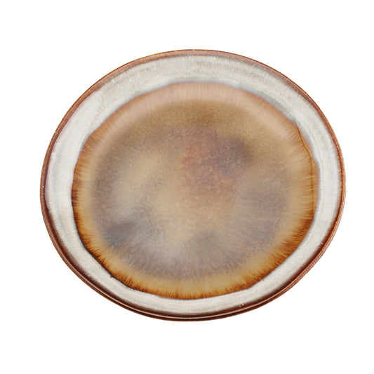 The Comporta Appetizer Plate in crackle glaze stoneware, top-down view showing amber and brown tones on white background