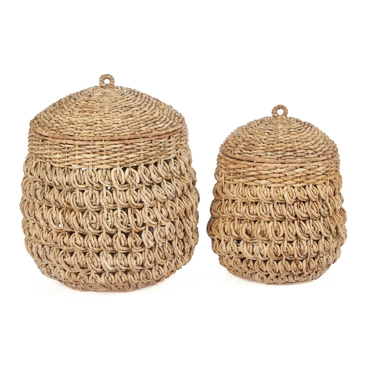 The Tarajih Basket L in natural banana leaf with domed lid and knotted handle on white background