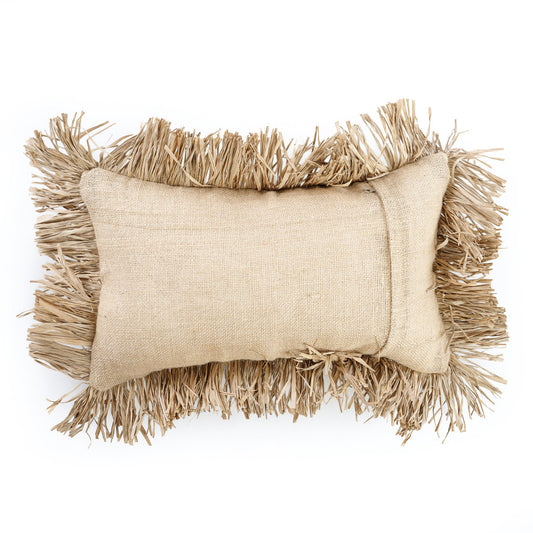 Front view of the Jute Bonita Cushion Cover showing woven jute texture and raffia fringe