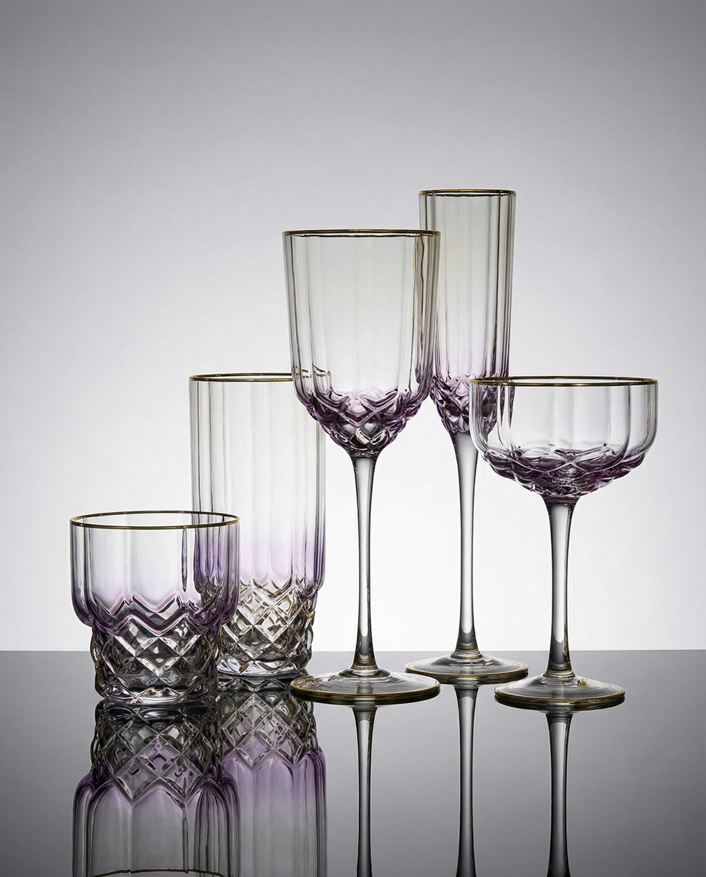 The Pink Blush Cocktail Coupe — Pink, group shot dark background with reflections