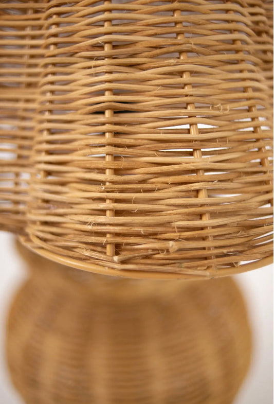 Bani Table Lamp — close-up of open rattan weave detail on conical shade