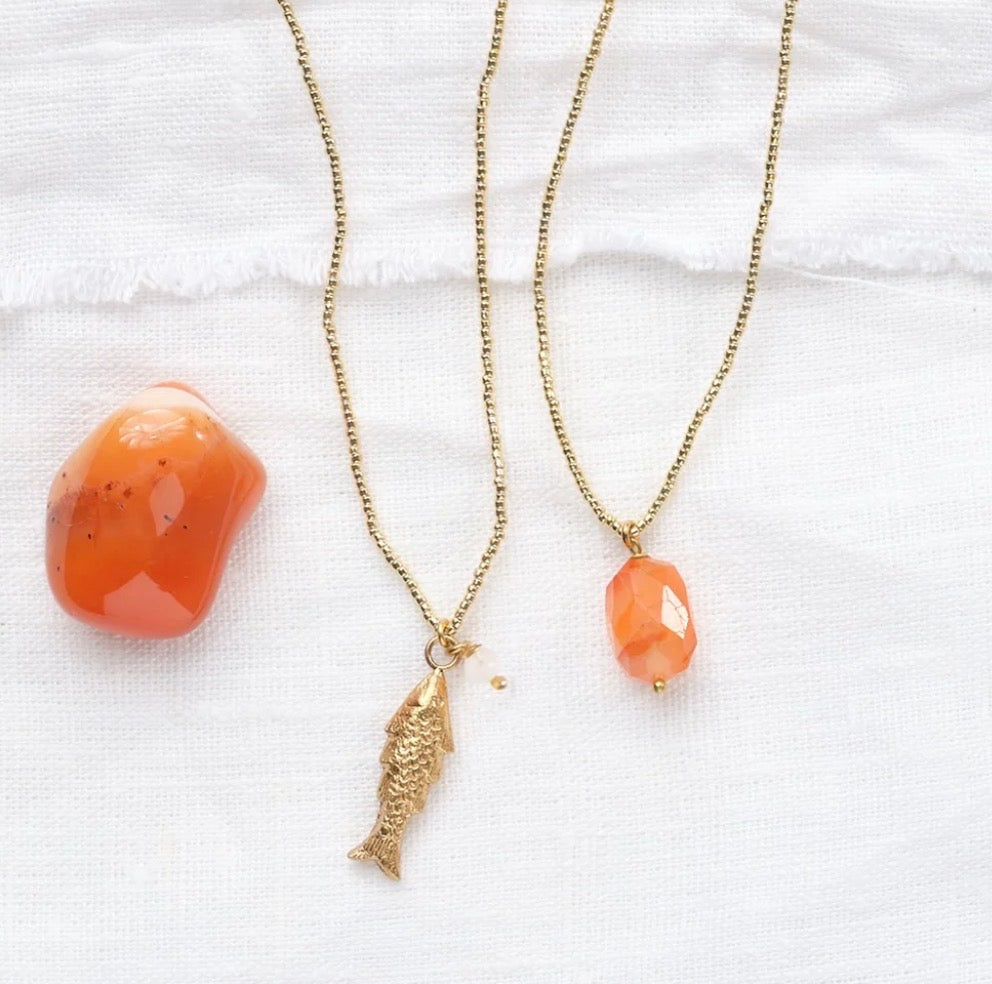 Paradise Moonstone Necklace Gold Colored – Styled with carnelian necklace on linen
