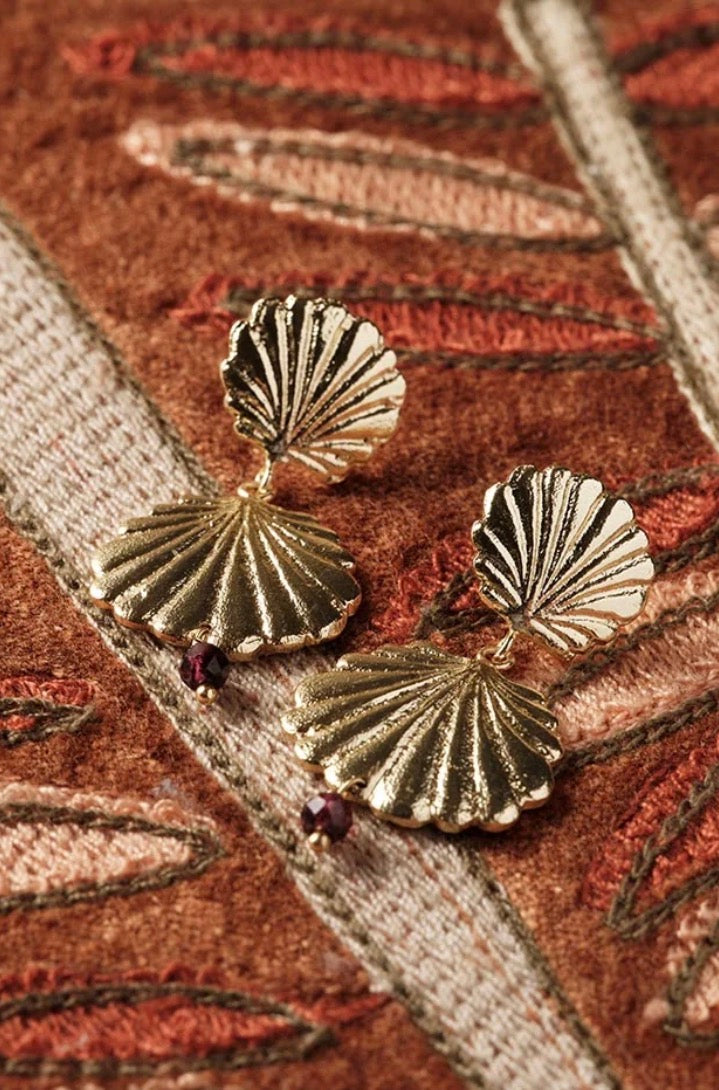 Expressive Garnet Earrings – Styled flat lay on embroidered textile