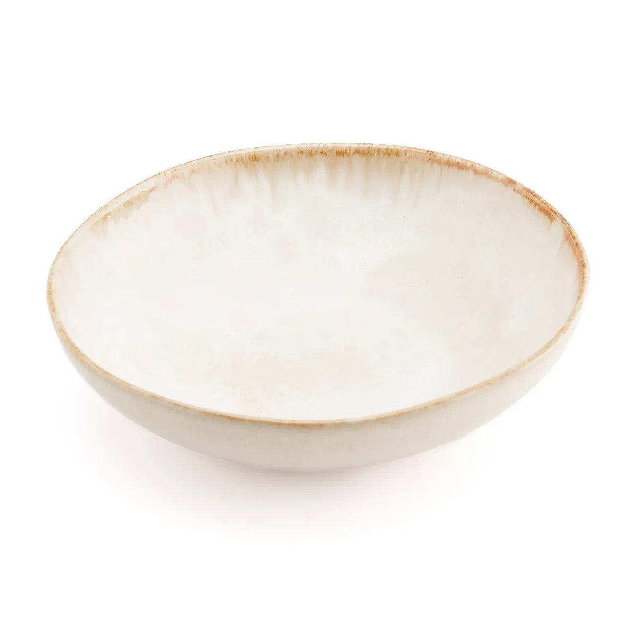 The Cascais Pasta Plate in creamy white stoneware with burnt-umber rim, side view on white background