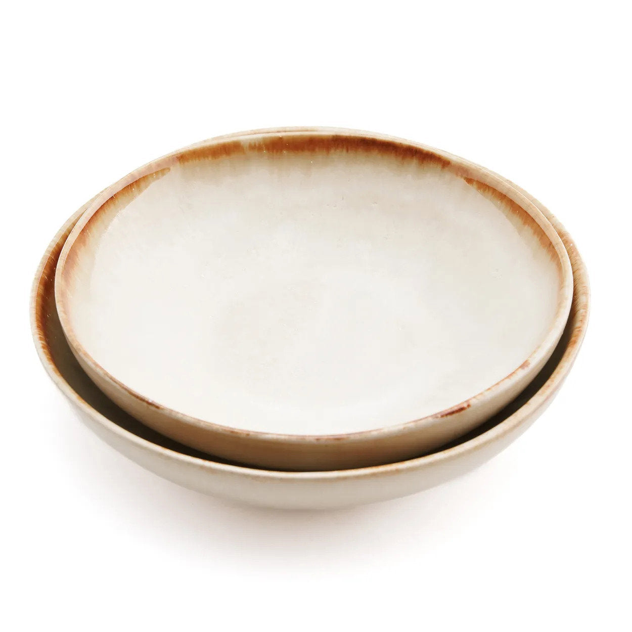 The Cascais Small Bowl Plate in creamy white stoneware with burnt-umber rim, top-down view on white background
