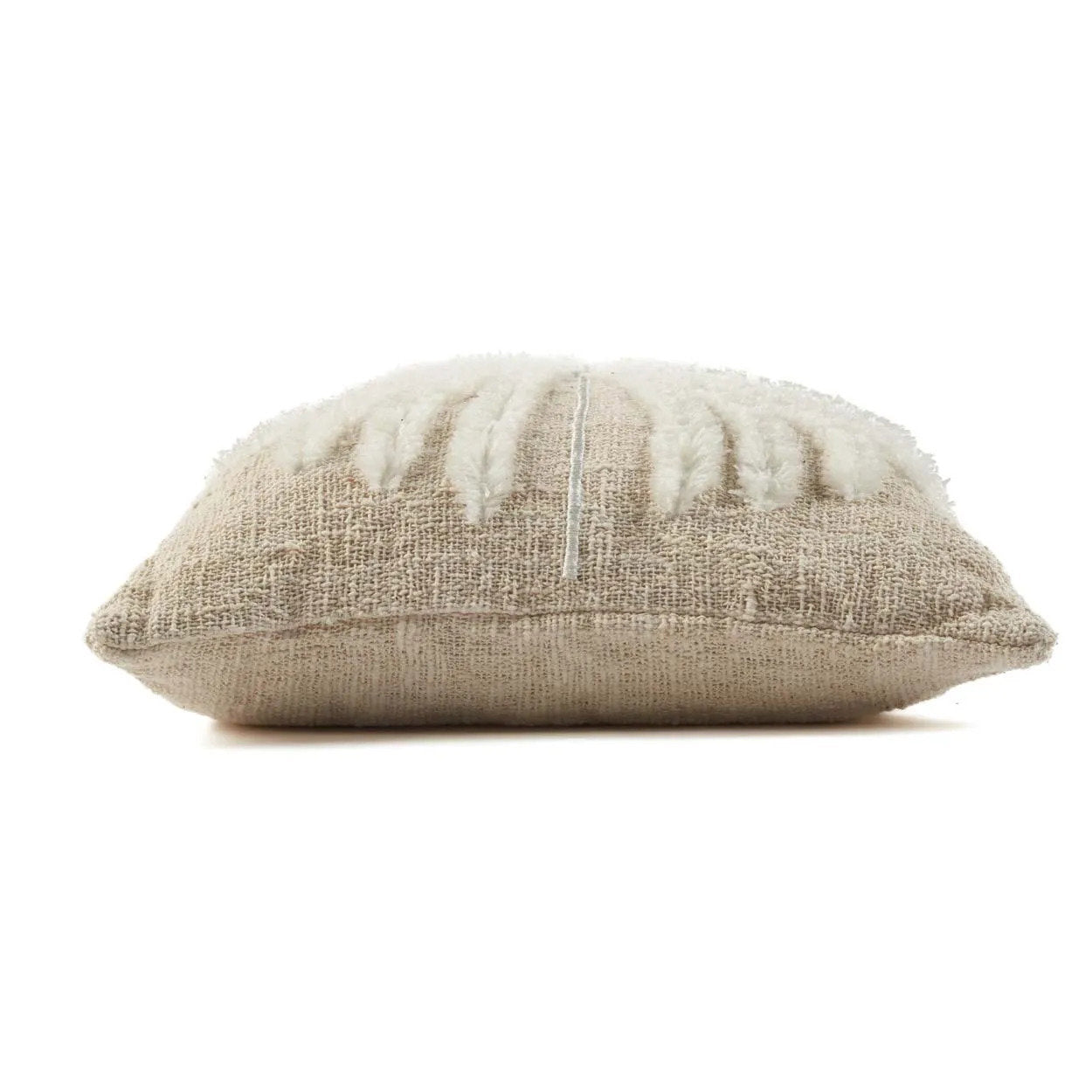 The Isla Palm Cushion Cover Natural/White — full front view, tufted palm motif on natural cotton-raffia weave
