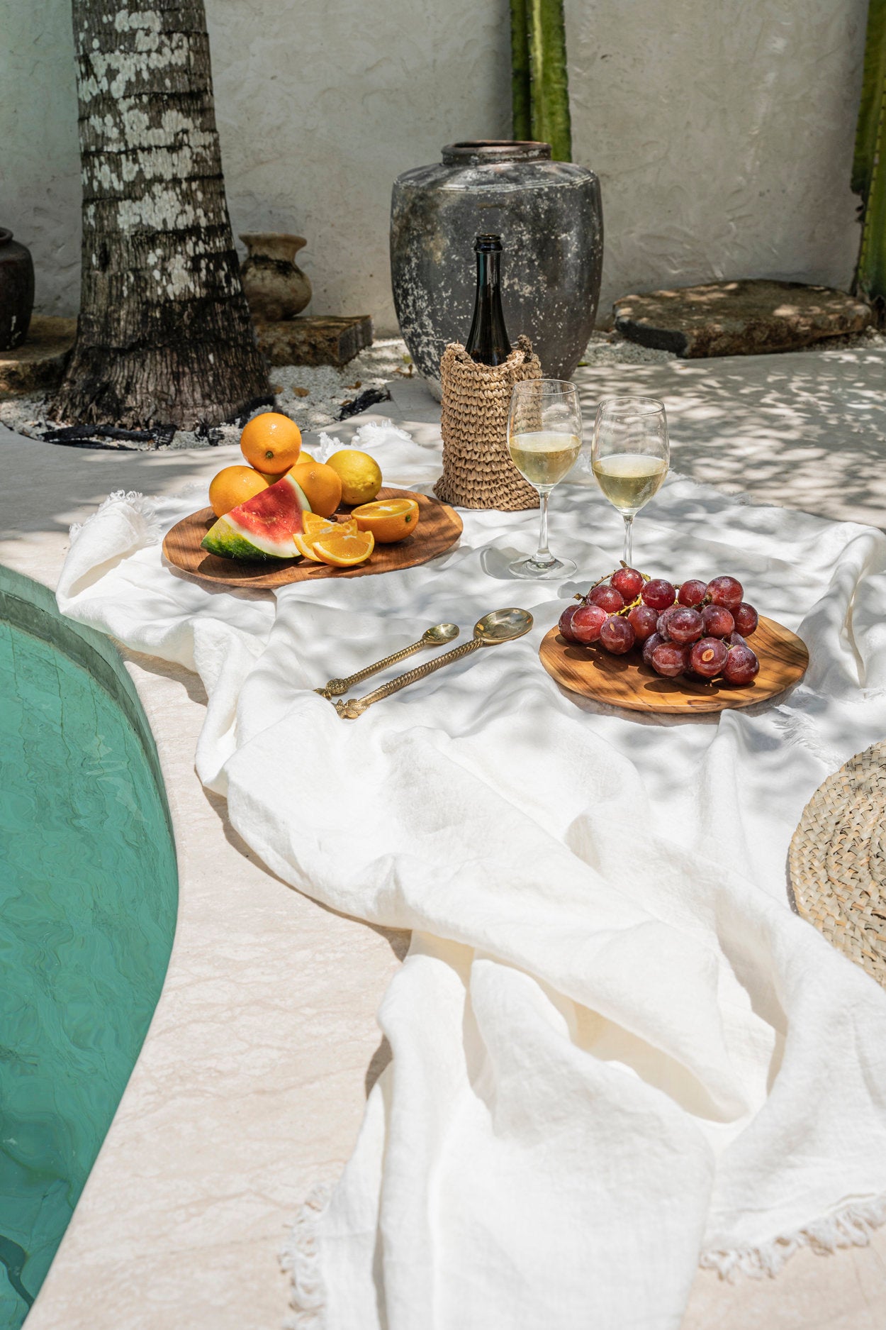 The Linen Tablecloth — White 150×200, rolled product shot white background