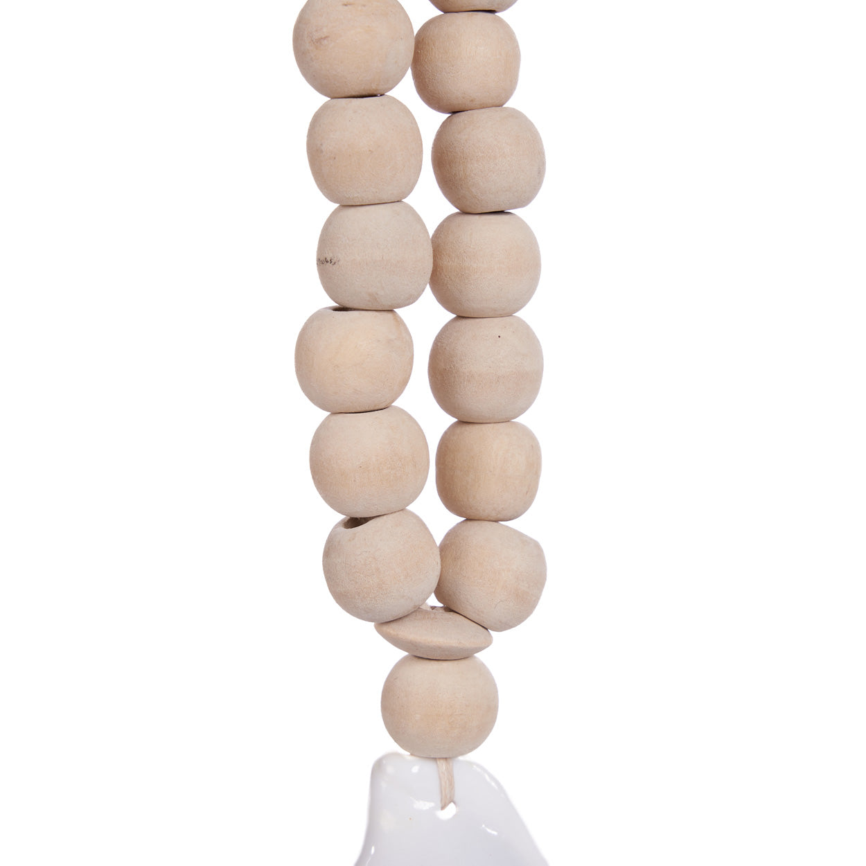 The Ocean Whisper Necklace Natural/White — full length view, wooden beads with cowrie shell and macramé tassel