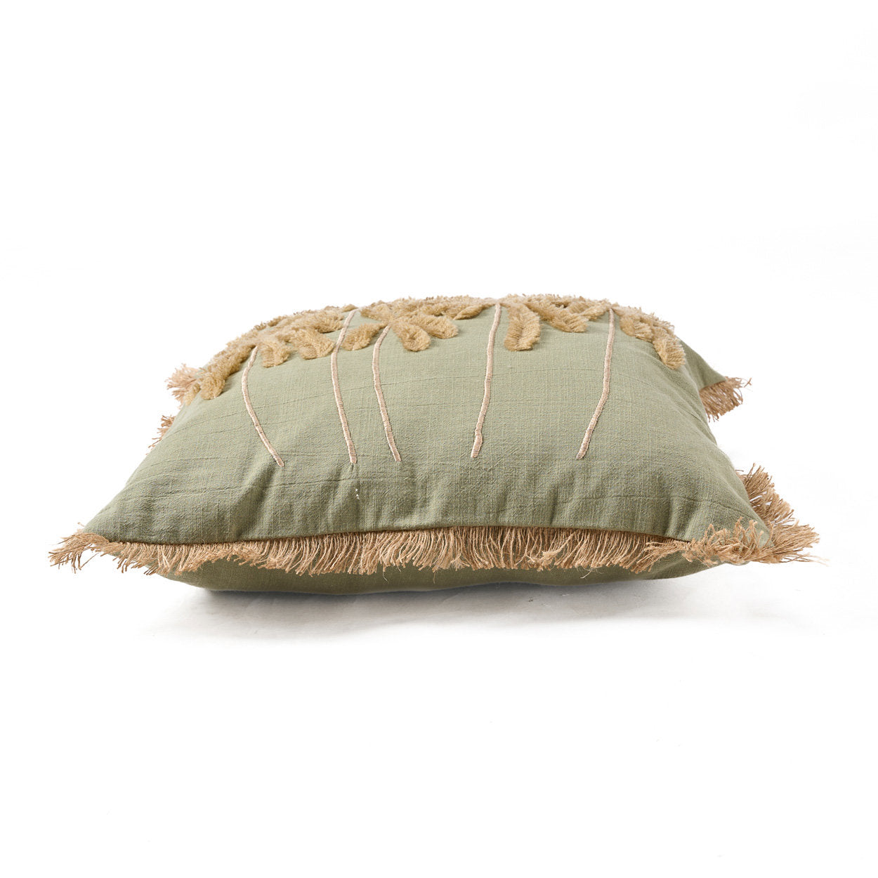 The Tropical Breeze Cushion Cover Forest Green — full front view, tufted palm motif on forest green cotton with fringe border