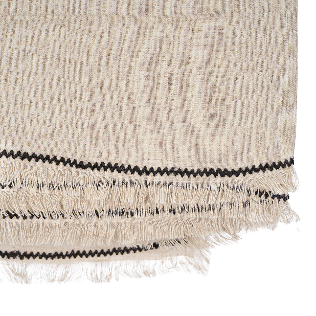 The Tuscany Tablecloth — Natural Black 150×300, lifestyle on long table with ceramics