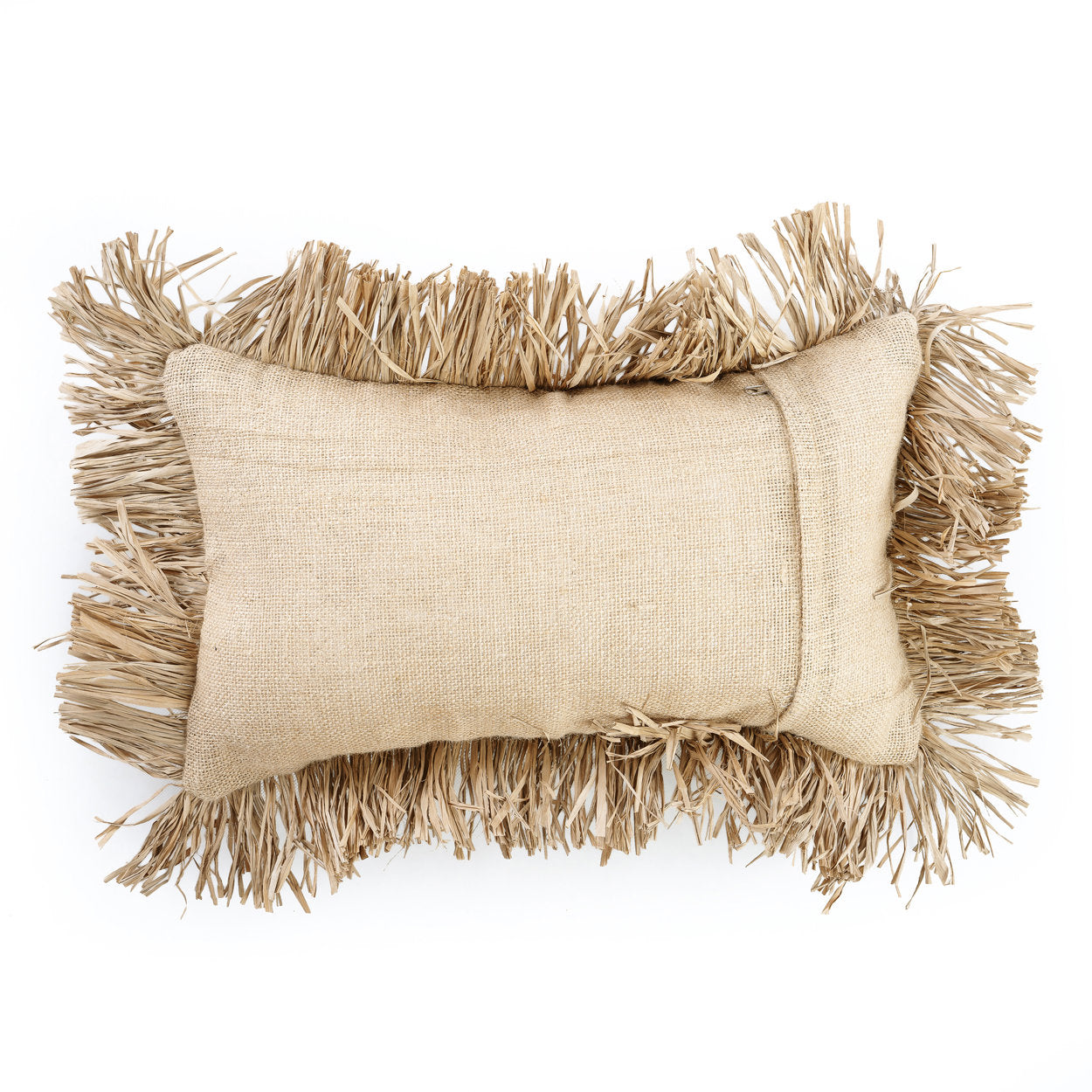 Front view of the Jute Bonita Cushion Cover showing woven jute texture and raffia fringe
