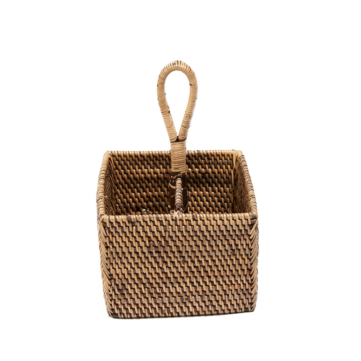 The Rattan Cutlery Caddy N°2 — Natural Brown, angled front view white background