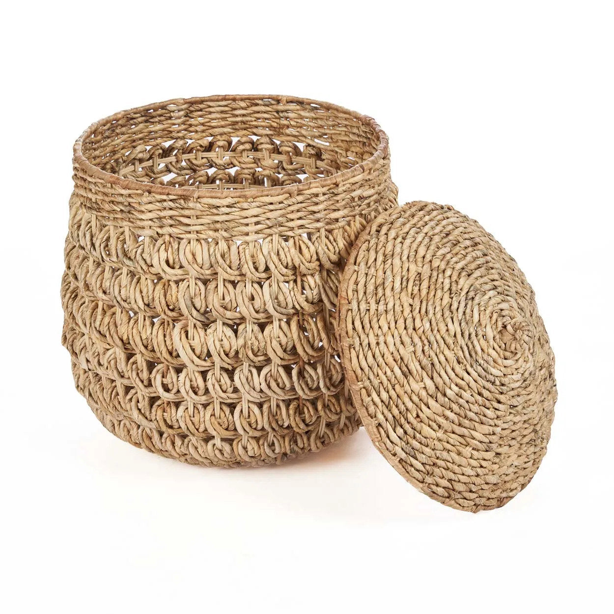 Close-up of the Tarajih Basket L lid showing the spiral weave and knotted loop handle detail