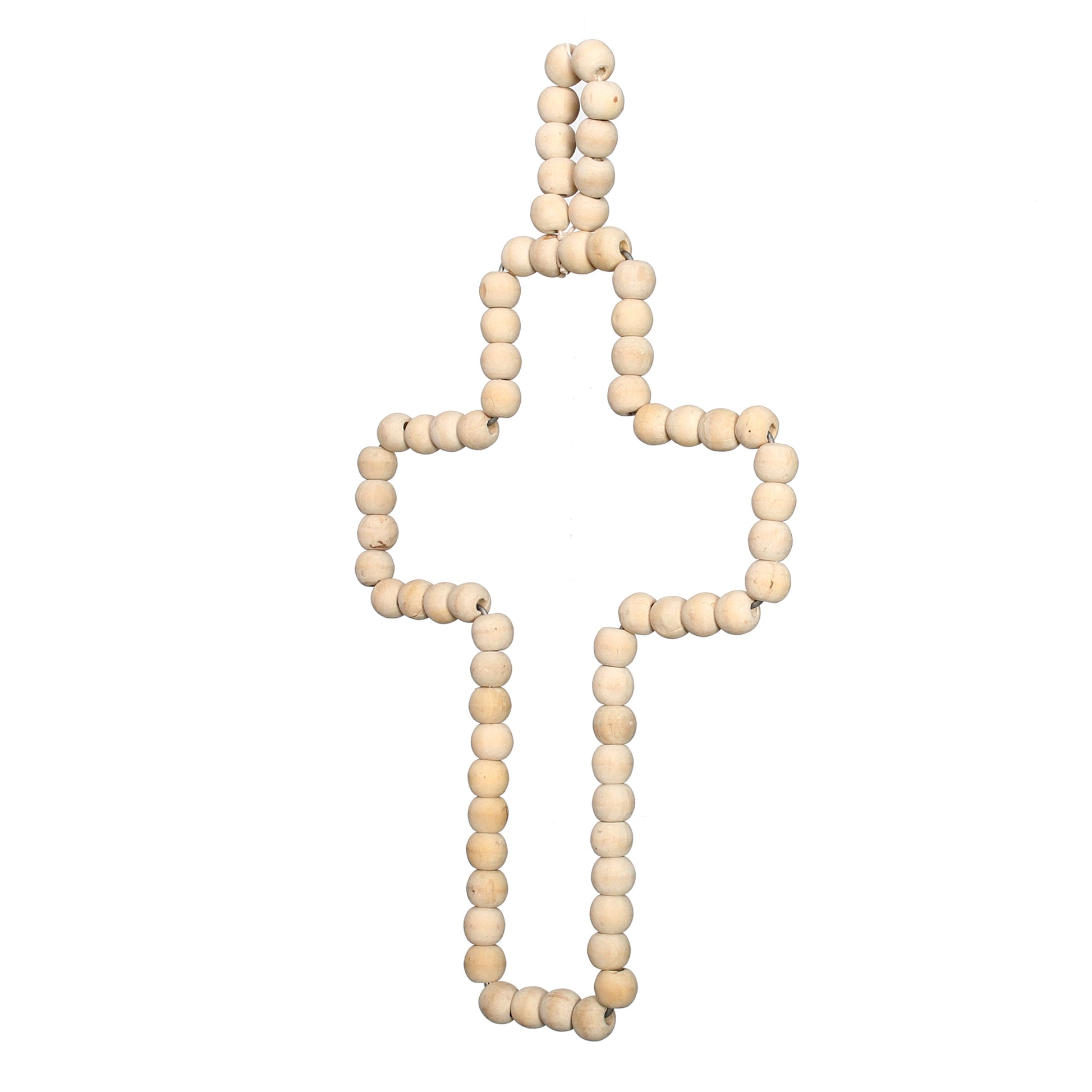 Wooden Bead Cross Natural — hanging on bamboo rod in sunlight
