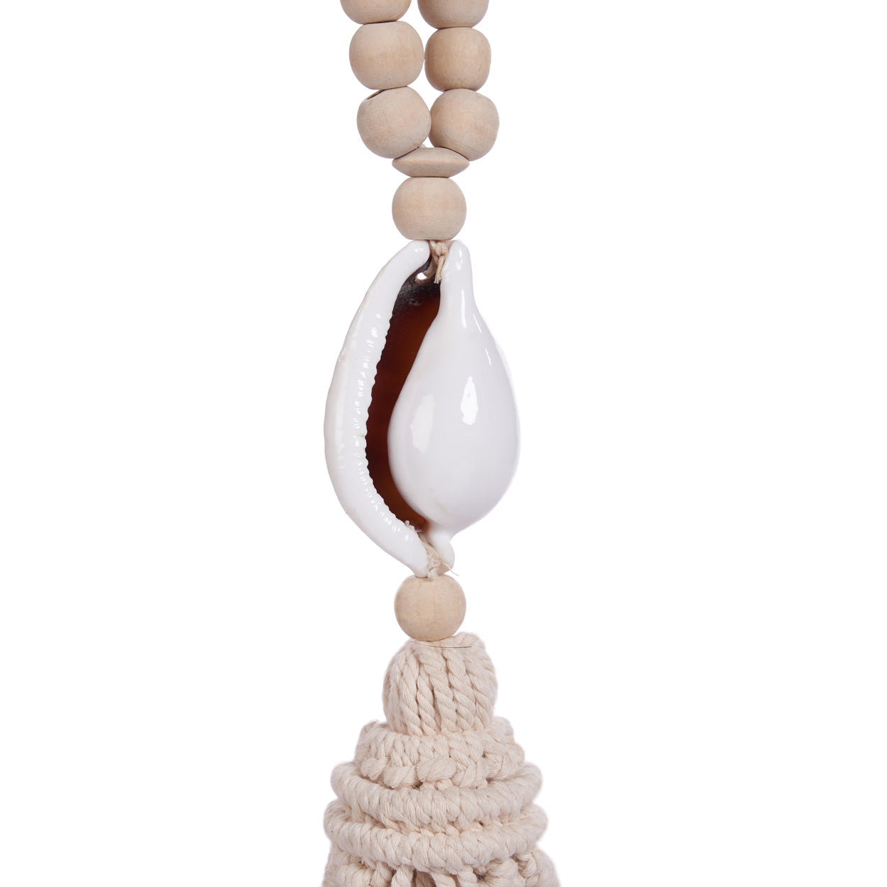 The Ocean Whisper Necklace — close-up of cowrie shell pendant showing interior detail