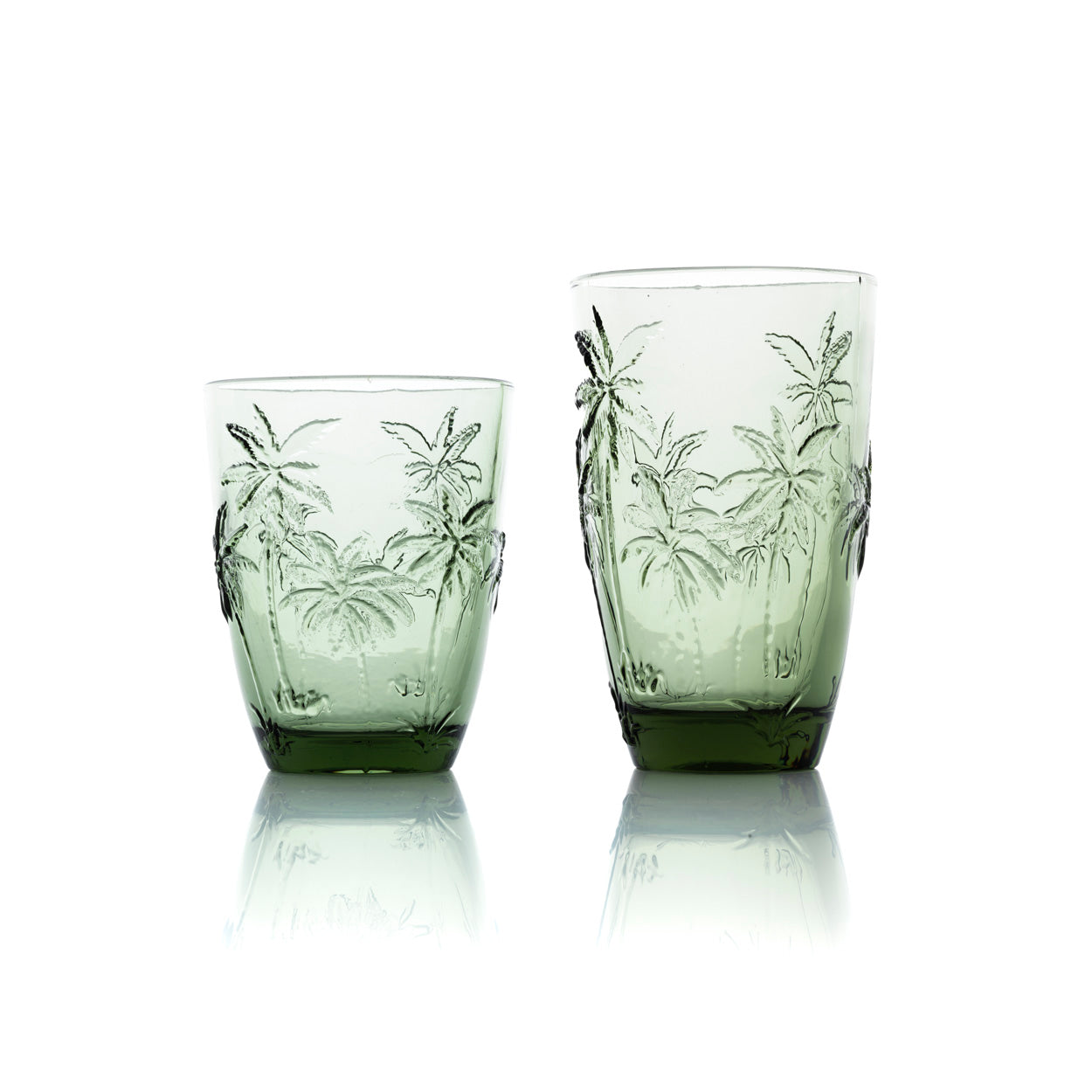 The Palm Breeze Highball Glass — Green, angled view showing embossed palm detail