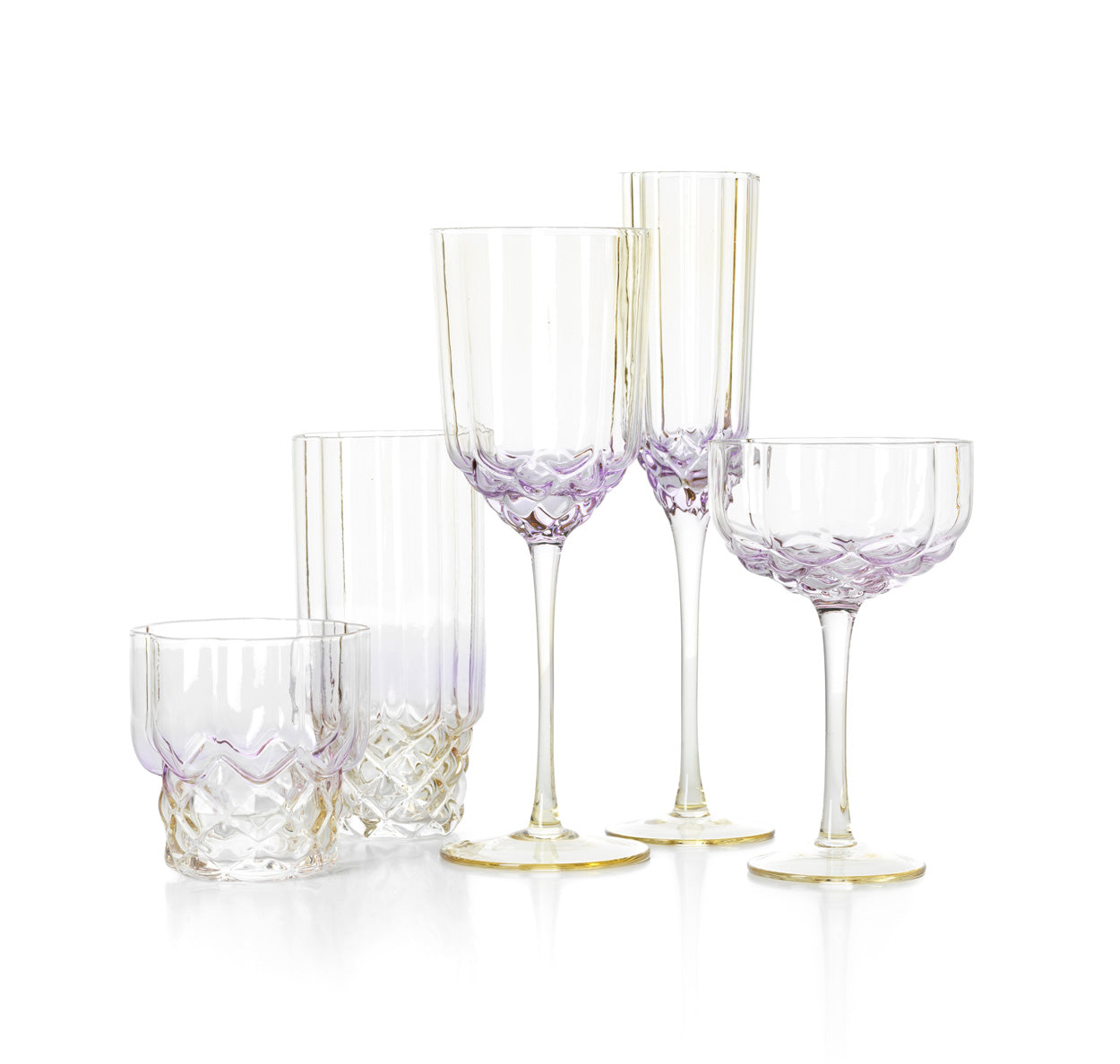 The Pink Blush Cocktail Coupe — Pink, group shot five glasses white background
