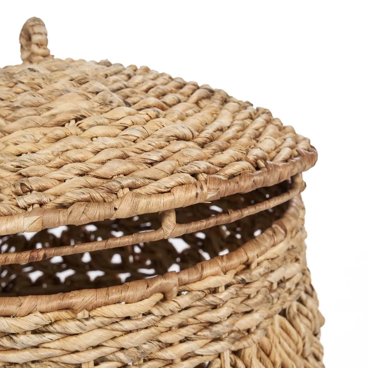 The Tarajih Basket L open with lid beside it showing the open-loop weave body and generous interior