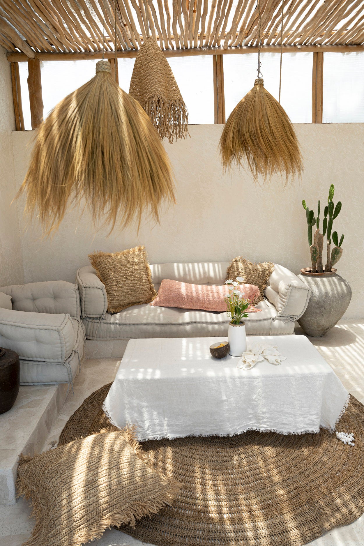 The Linen Tablecloth — White 150×200, lifestyle poolside with fruit and wine overhead