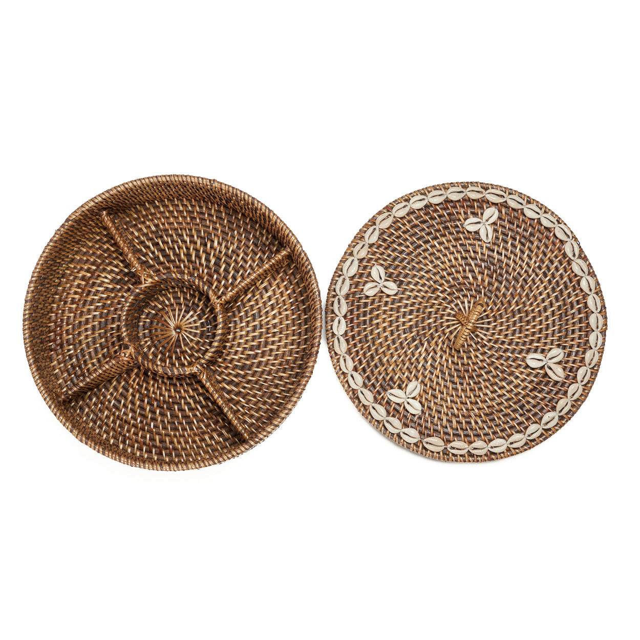 Close-up of the Rattan Compartment Basket interior showing the four divided sections and rattan weave detail