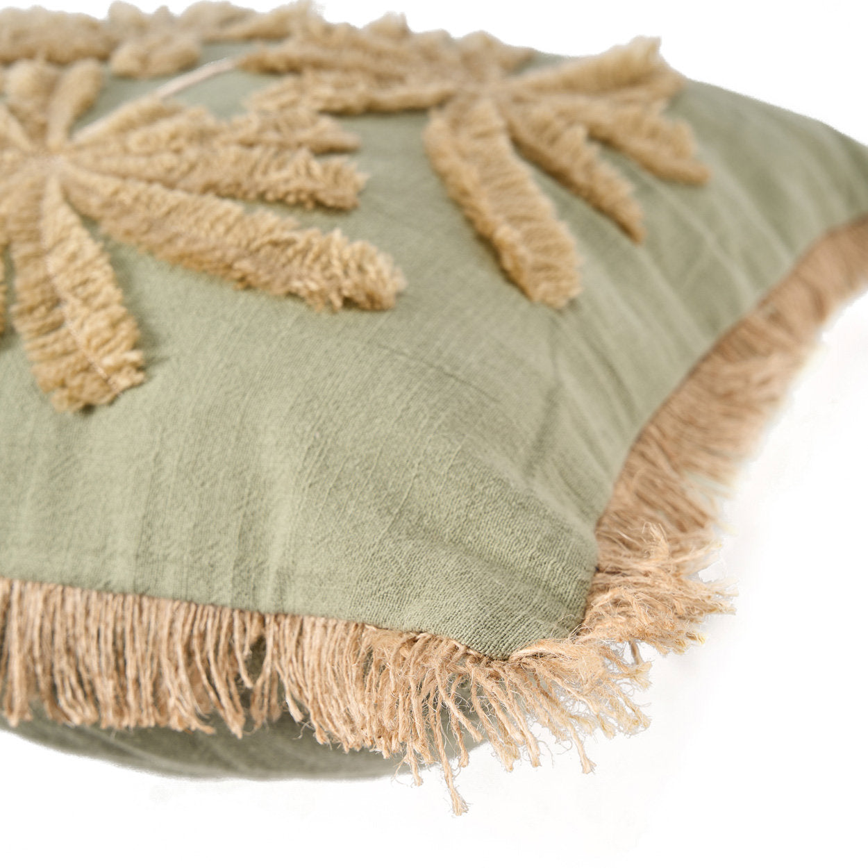 The Tropical Breeze Cushion Cover — close-up of fringe border and cotton weave texture