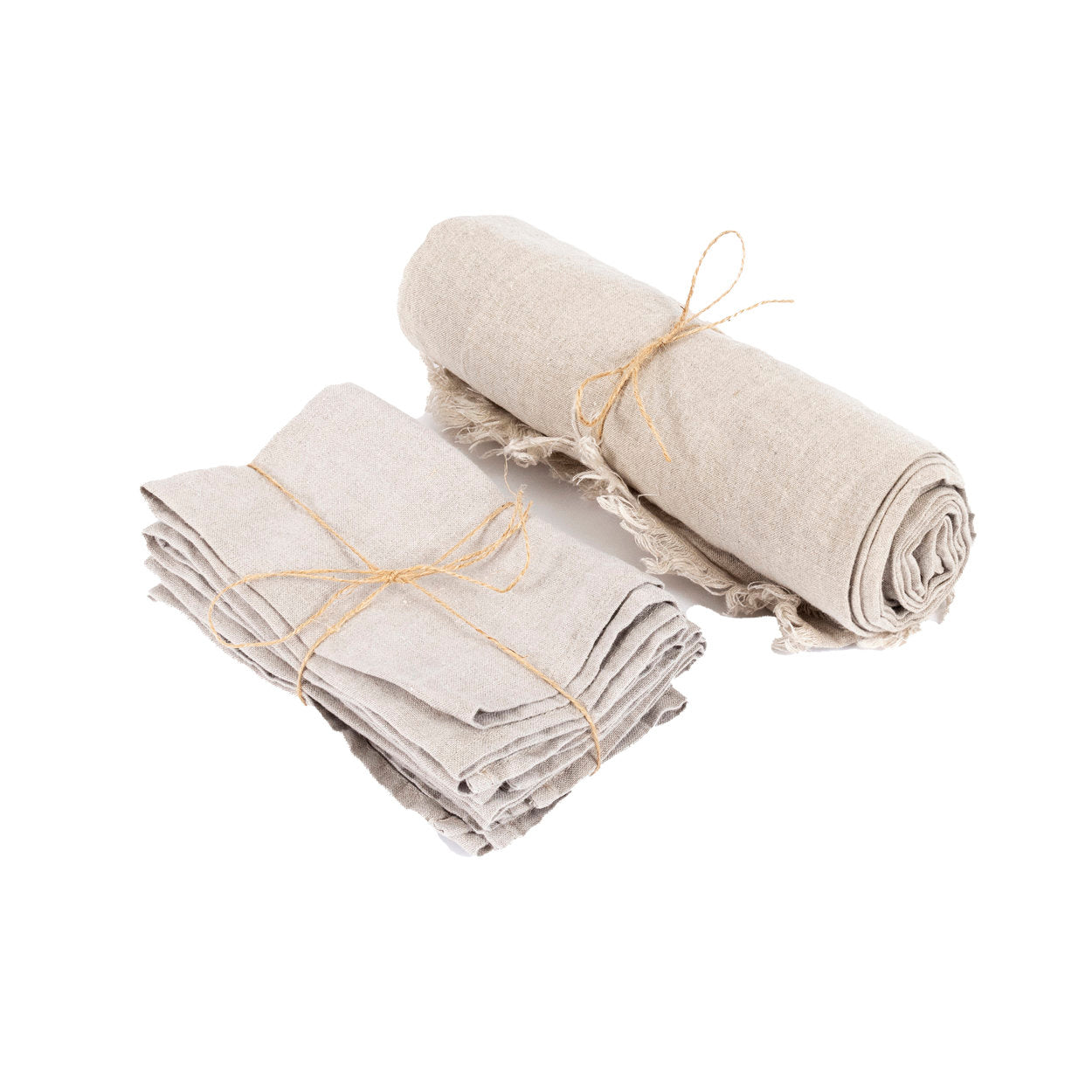 The Linen Tablecloth — Beige 150×150, lifestyle overhead table with sushi