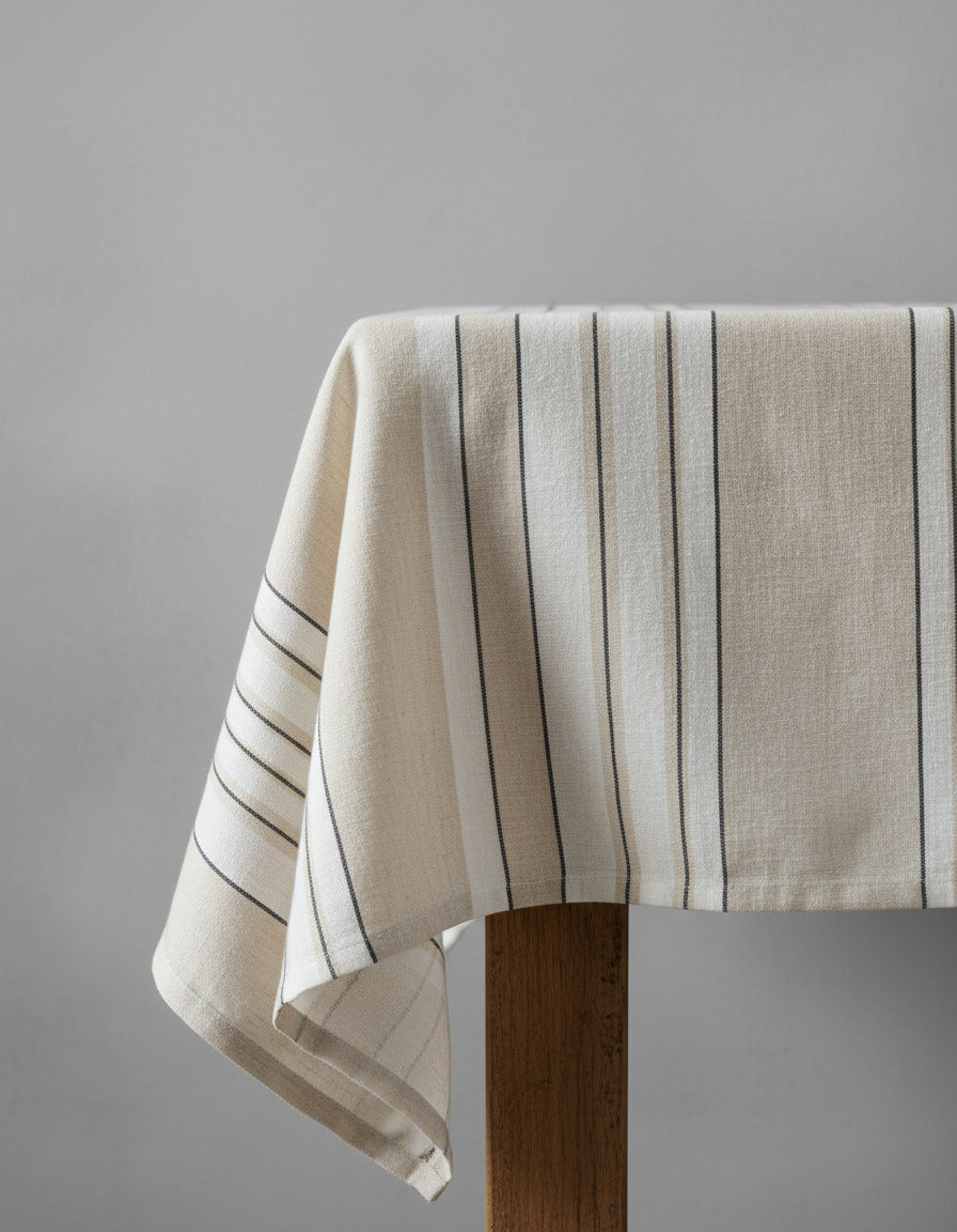 The Provence Tablecloth — Natural Black White 150×250, folded overhead white background
