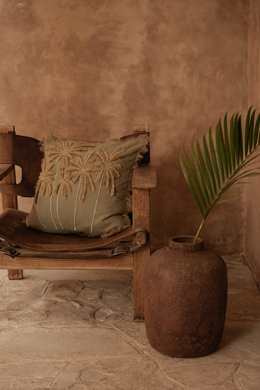 The Tropical Breeze Cushion Cover — close-up of tufted palm fronds detail, sand-tone cotton loops