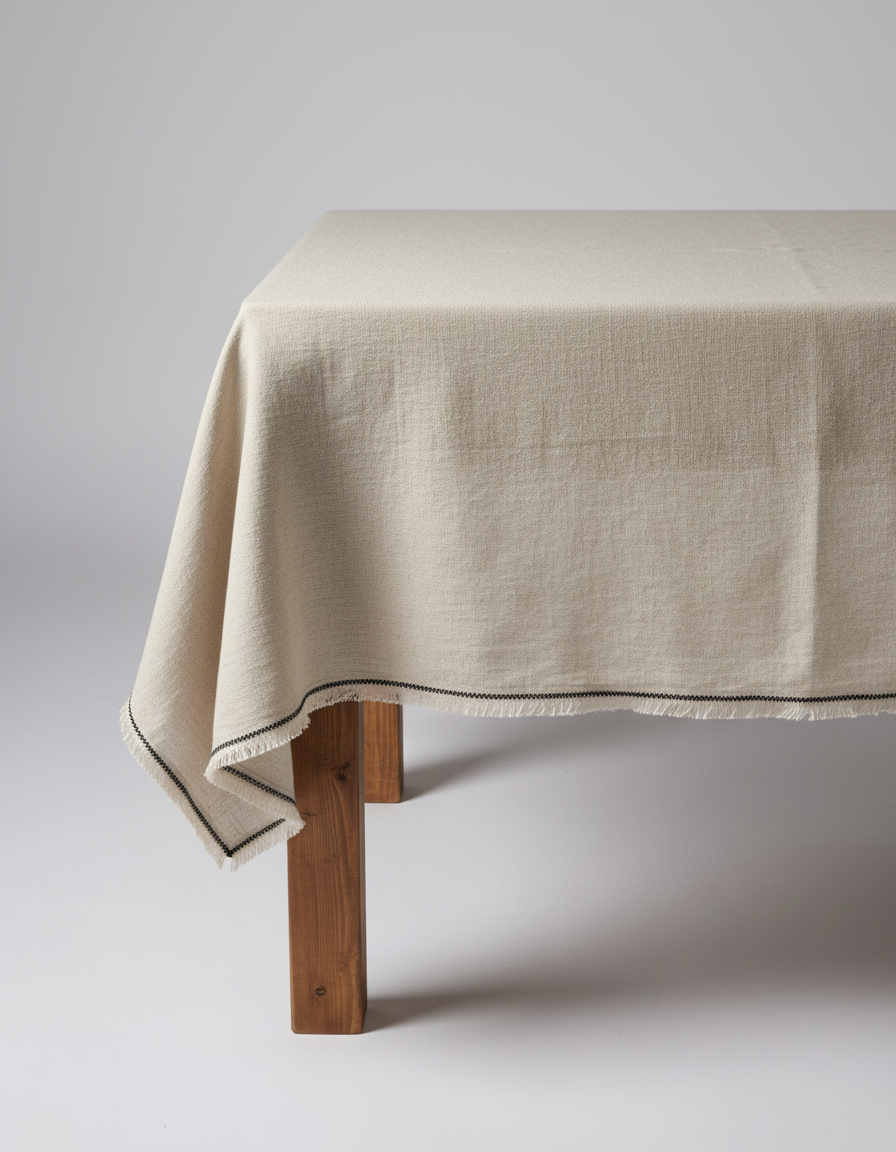 The Tuscany Tablecloth — Natural Black 150×300, folded flat full view white background