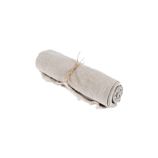 The Linen Tablecloth — Beige 150×150, lifestyle terrace with sofa and hanging lamps
