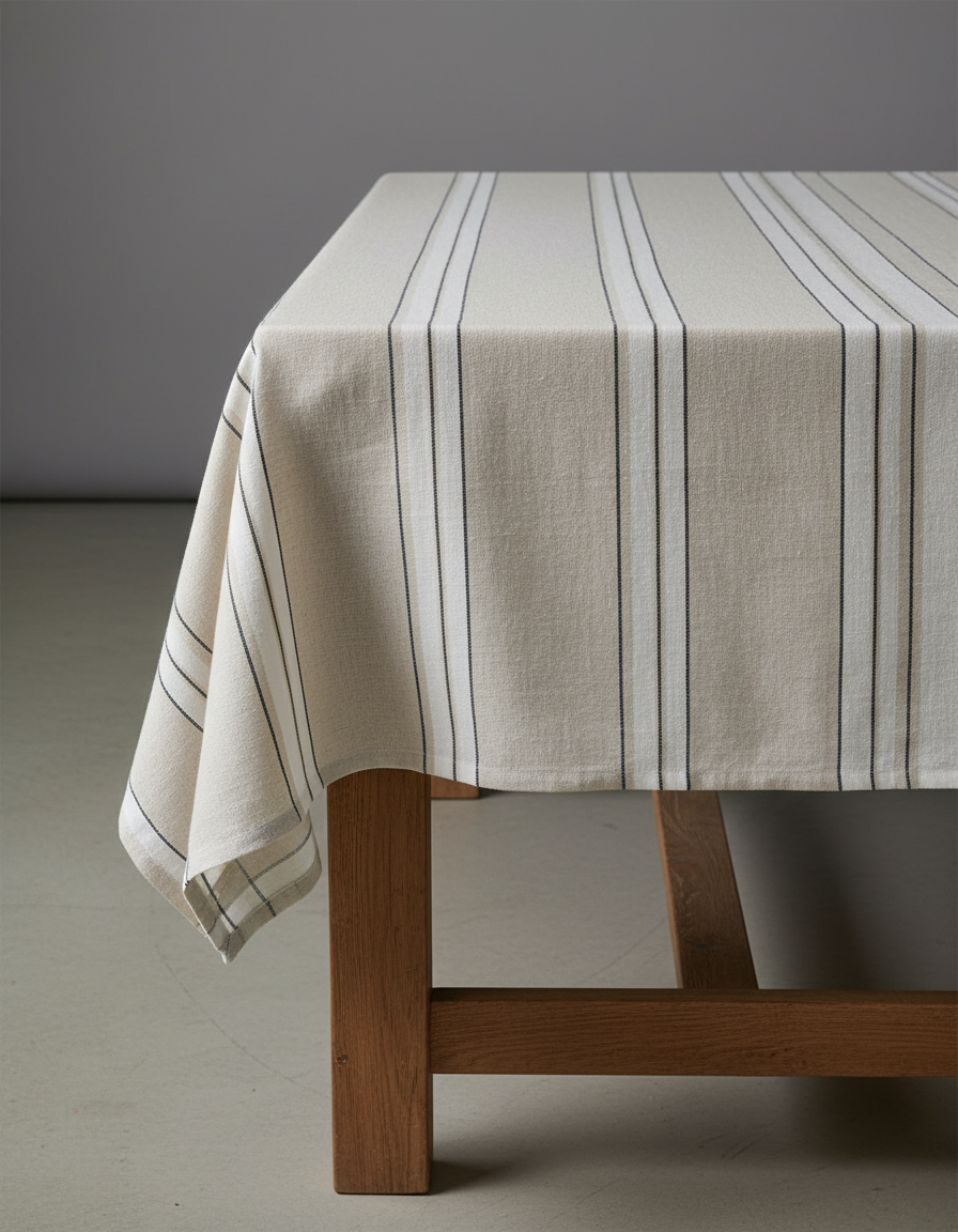 The Provence Tablecloth — Natural Black White 150×250, folded flat full view white background
