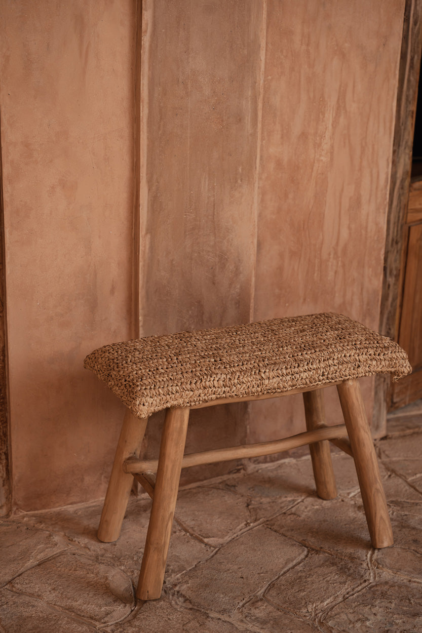 The Raffia Bench — Natural, three-quarter view white background