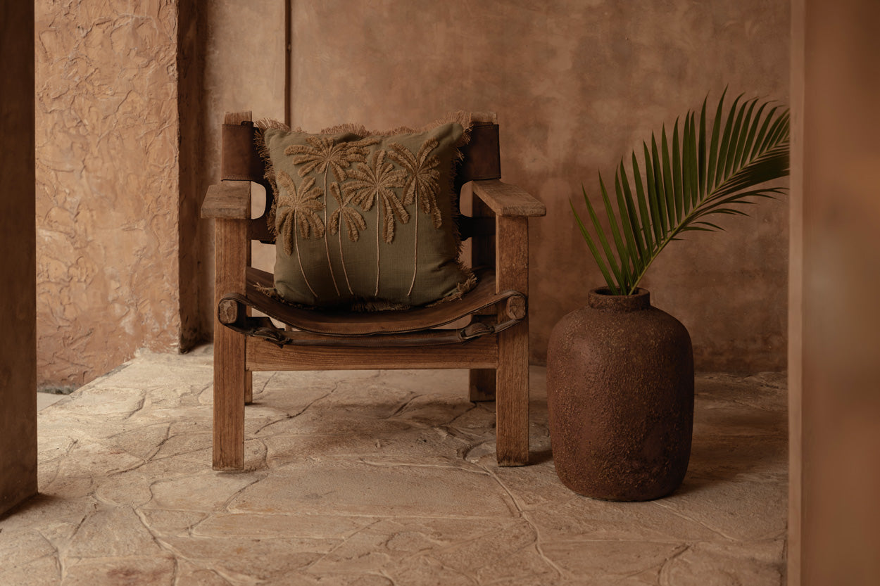 The Tropical Breeze Cushion Cover — detail of three tufted palm trees across full width