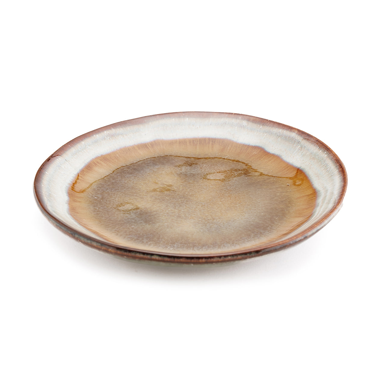 Two Comporta Appetizer Plates stacked on white background showing the size and crackle glaze form together
