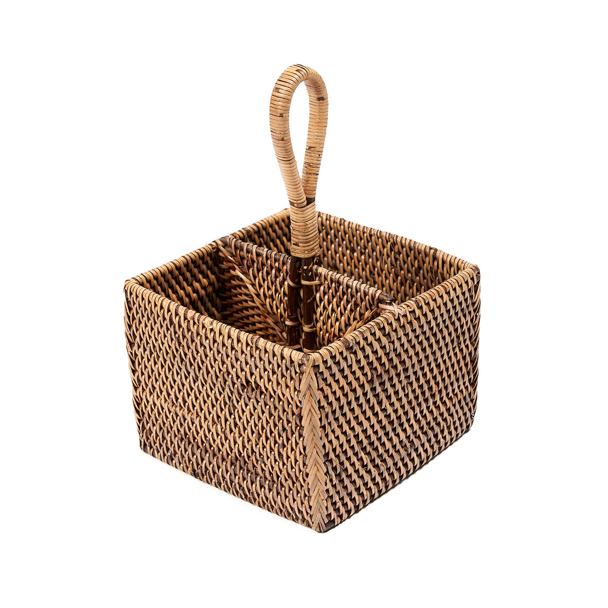 The Rattan Cutlery Caddy N°2 — Natural Brown, close-up of handle join and weave detail