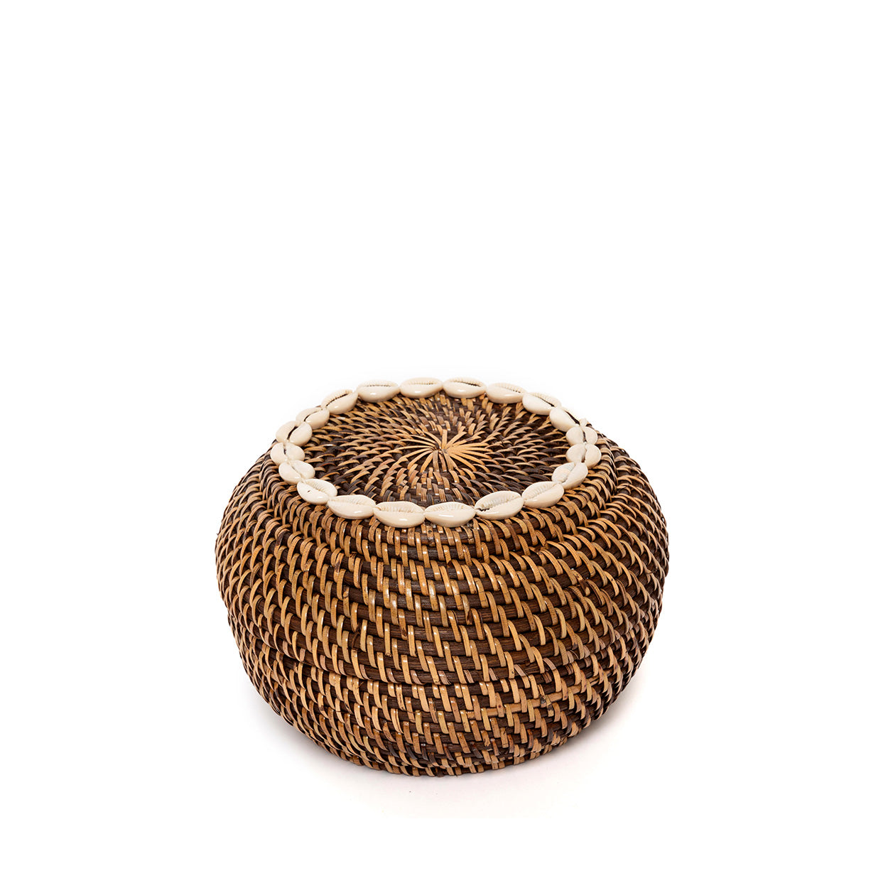 Close-up of the Colonial Peek-a-Boo Basket S showing the tight dark rattan weave and shell detail