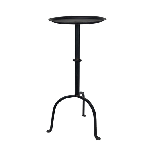 Ina Side Table Black — matte black iron side table with round tray top and curved tripod base, full view on white background
