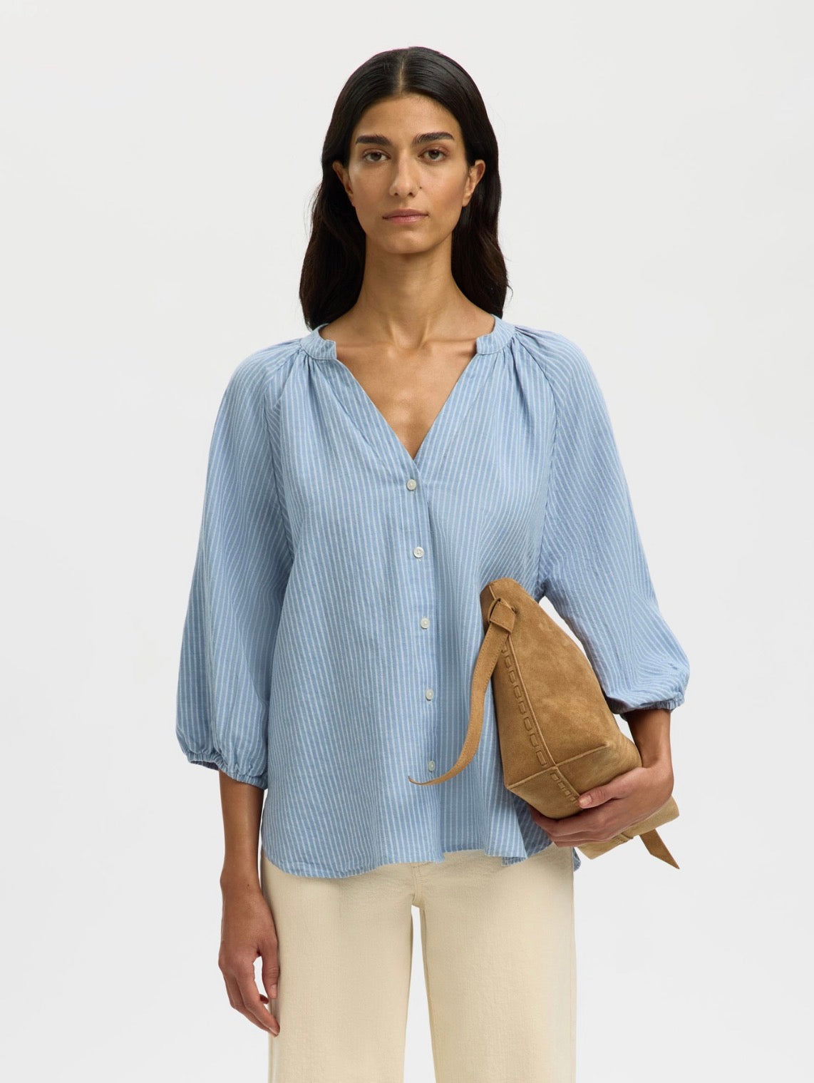 SWCLEO-ALBERTA LEINEN BLEND SHIRT Dusty Blue BRIGHT WHITE