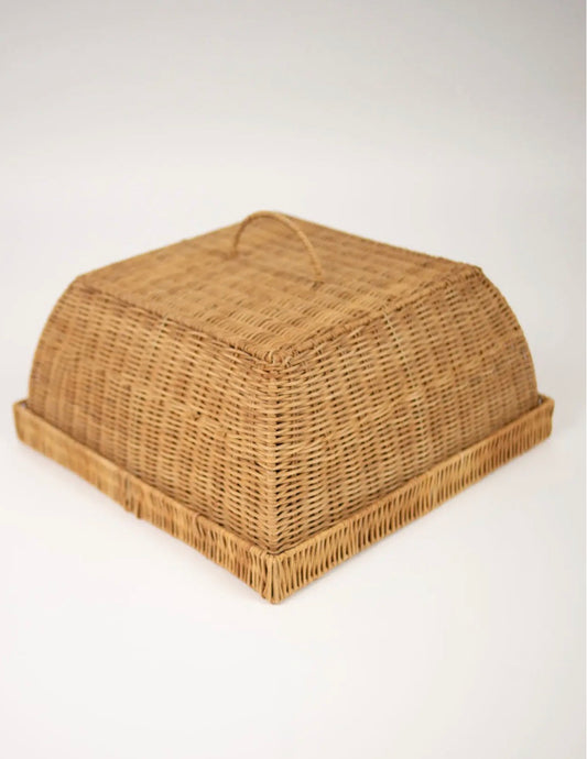 Taylor Tray with Cover — hand-woven rattan square tray with domed cover, angled view on white background