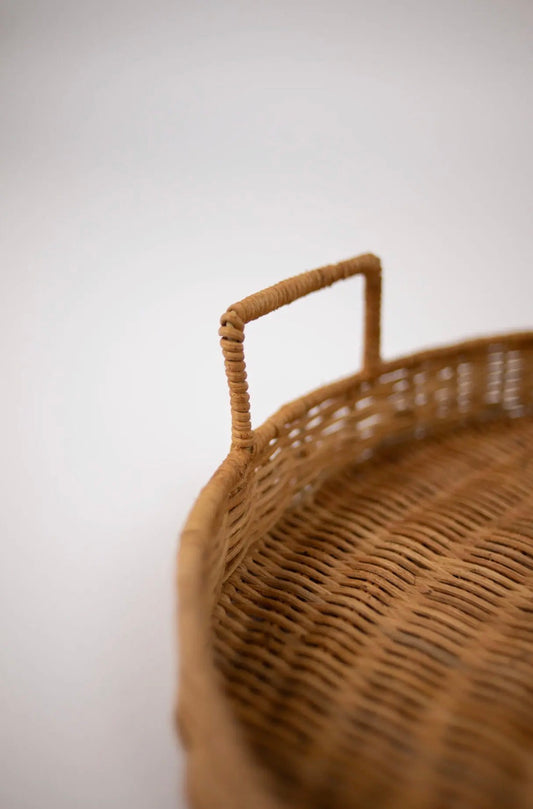 Kate Tray — close-up of hand-woven rattan square loop handle detail on white background