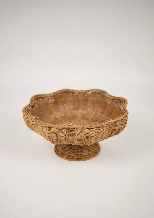 Magret Bowl on Foot — wide shallow hand-woven rattan bowl with scalloped rim on pedestal base, front view on white background