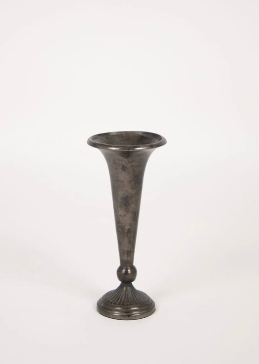 Othea Trumpet Vase — aged aluminium trumpet vase with ball-knop stem and relief foot, front view on white background