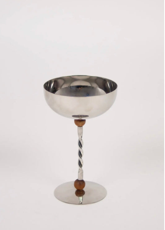 Resin Serving Bowl — polished stainless steel coupe bowl on twisted stem with wooden bead details, front view on white background