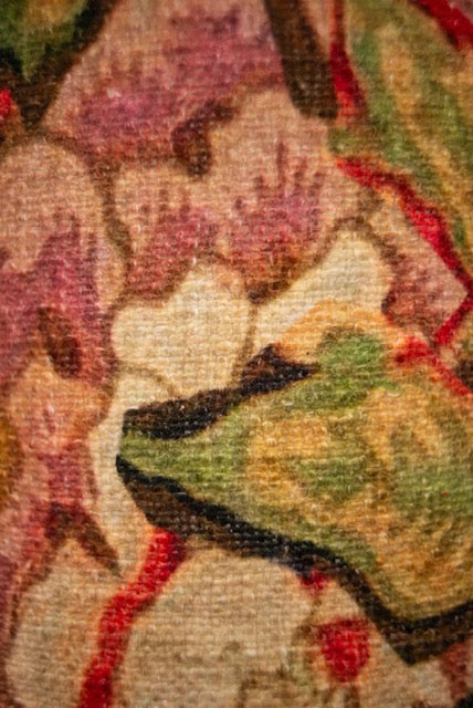 Suzette Lamp Shade — macro detail of botanical tapestry fabric showing floral motifs in dusty rose, sage, and ochre
