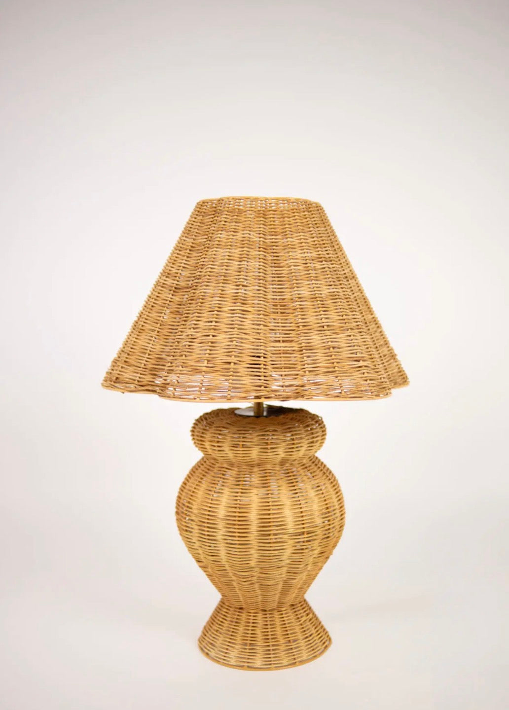 Bani Table Lamp — hand-woven natural rattan table lamp with double-gourd base and conical shade, front view on white background