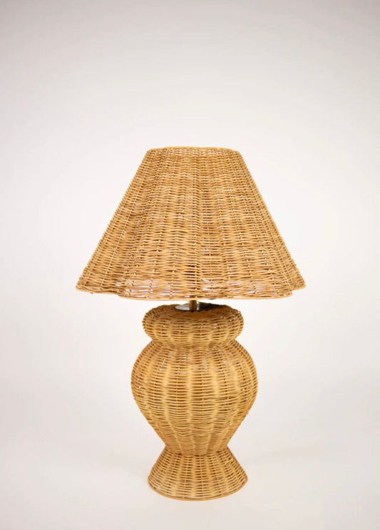 Bani Table Lamp — hand-woven natural rattan table lamp with double-gourd base and conical shade, front view on white background