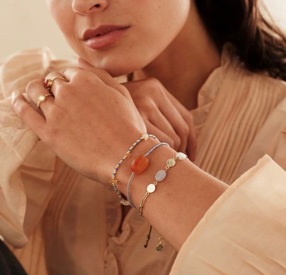 Gaze Carnelian Bracelet – Model wearing stacked bracelets