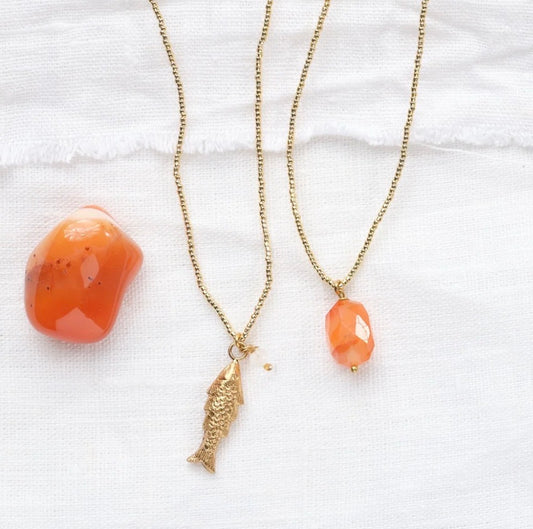 Paradise Moonstone Necklace Gold Colored – Styled with carnelian necklace on linen