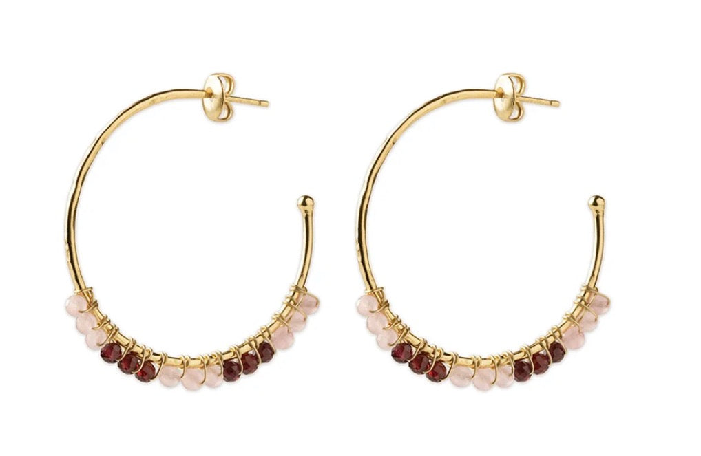 Muse Rose Quartz Garnet Earrings – Gold hoop earrings with rose quartz and garnet product shot