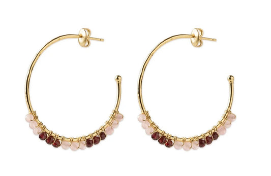 Muse Rose Quartz Garnet Earrings – Gold hoop earrings with rose quartz and garnet product shot
